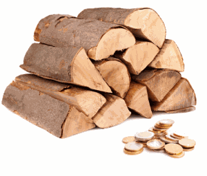 pieces de moannaies et bûches de bois signifiant le prix du bois de chauffe