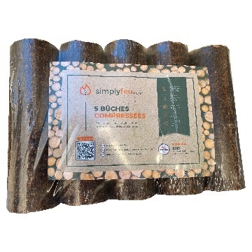 un pack de 5 buches densifiées de marque SIMPLYFEU pesant 10KG