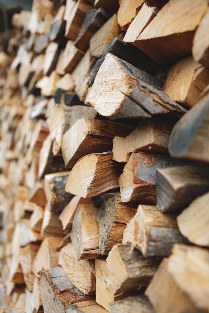 Bûches de bois empilées en cours de sechage